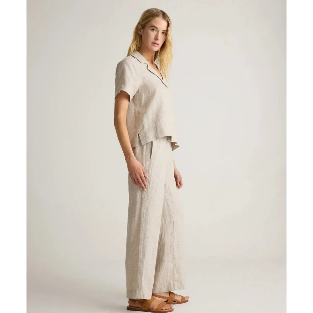 Quince 100% European Linen Wide Leg Pants Flax Beige Large Drawstring Trouser